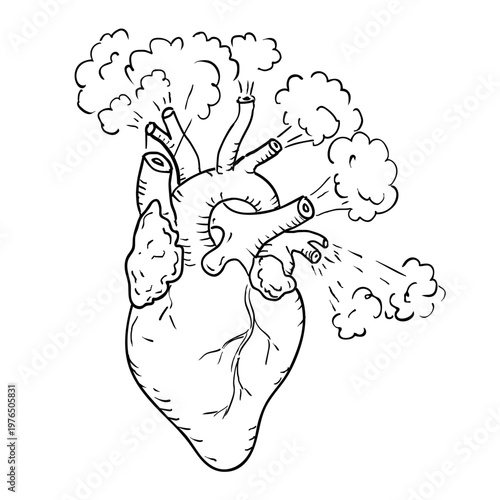 Drawing sketch style illustration of a human heart pumping blowing smoke out of artery ventricles on isolated background done in black and white line art.