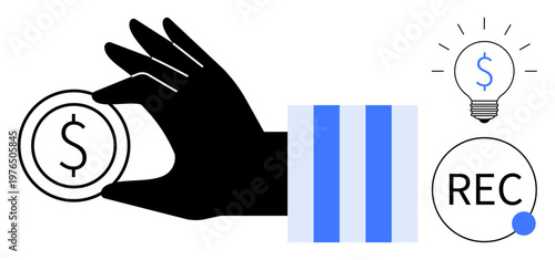 Financial management, savings growth, investment planning, income recording, ideas generation, cash flow. Hand holding a coin, dollar sign icons. Financial management and savings growth