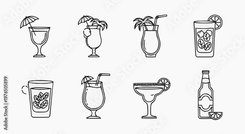Selection of various refreshing beverage line art