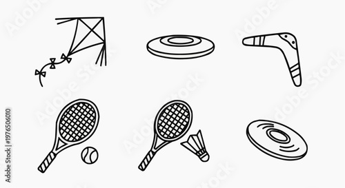 Fun outdoor leisure icon sets illustration - perfect for web design, apps, and print materials. Contains various recreational equipment.