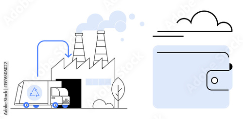 Sustainability, digital economy, recycling, green technology, eco-friendly industries, cloud finance. Recycling truck at factory and minimalistic cloud wallet. Sustainability and digital economy