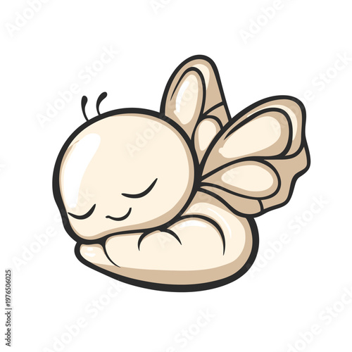 Cute cartoon illustration of a butterfly pupa, curled up sleeping with closed eyes
