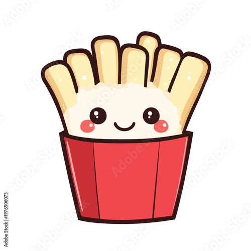 Adorable illustration featuring anthropomorphic french fries in a red container with a smiling face