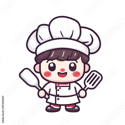 Adorable cartoon chef with big eyes, holding a spatula and turner, wearing a tall white hat