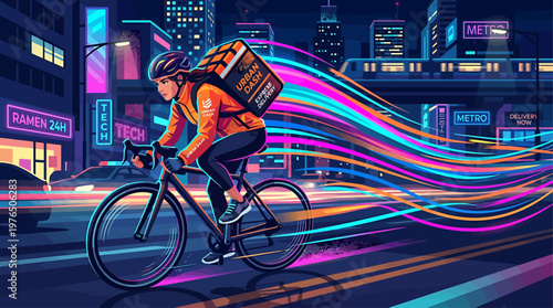 Dynamic Neon-Drenched Urban Cycling Courier Delivering Packages with Speed and Efficiency Through a Futuristic Cityscape Under the Night Sky Symbolizing Fast Delivery Services and Connectivity.