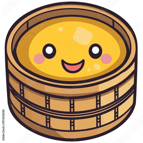 A smiling, cartoonish yellow food item in a wooden container, with rosy cheeks and happy eyes