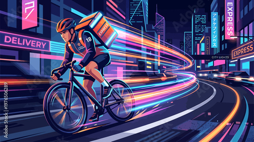 A delivery cyclist rides swiftly through a vibrant cityscape at night with neon lights reflecting off the road symbolizing rapid urban delivery services and futuristic transportation.