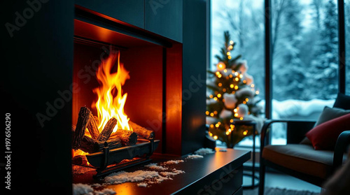 Cozy Modern Fireplace Interior with Snow Outside Winter Home Scene