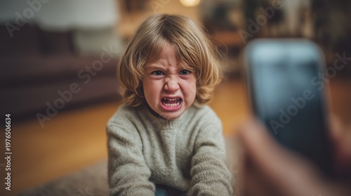 The child is angry at the smartphone access control. A little boy with curly hair looks at a mobile device held by an adult in a home environment.