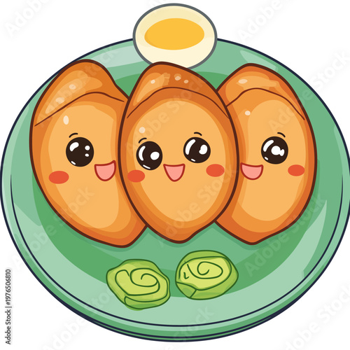 Adorable illustration of three smiling, golden dumplings, egg, and wasabi on a green plate