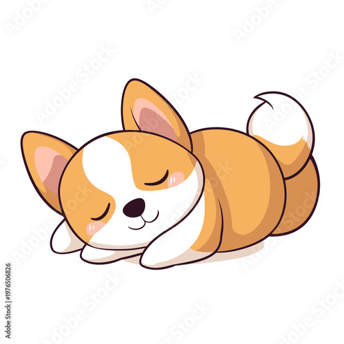 Adorable cartoon dog in a resting pose with closed eyes. Orange and white fur, cute and cuddly