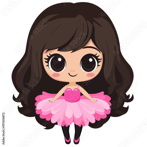 Cute illustration of a girl ballerina with big eyes, wearing a pink tutu and ballet shoes
