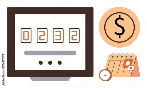 Financial planning, digital transactions, budgeting, payment deadlines, time management, savings. A digital counter, dollar sign and calendar elements. Financial planning and digital transactions