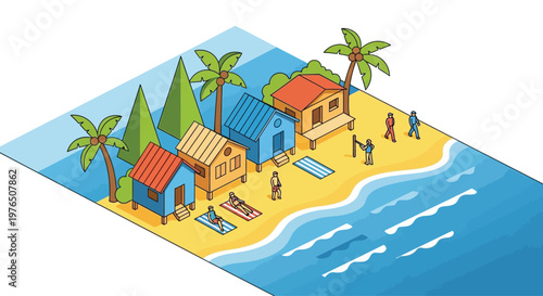 Beach houses with people relaxing outside.
