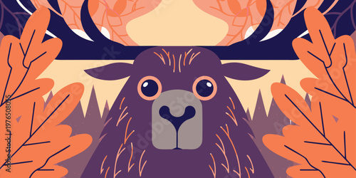 Whimsical Purple Deer Portrait With Autumnal Leaves And Muted Tones In A Minimalist Stylized Forest Composition