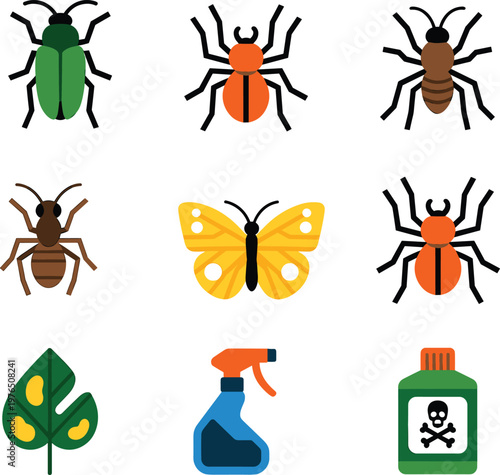 Insect pest control icons set, bugs butterfly ants illustration, pesticide spray bottle toxic symbol, flat vector gardening protection elements collection