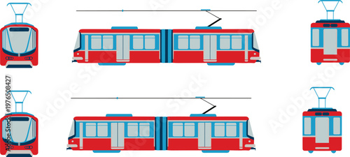 Modern red tram vector illustration, urban public transport vehicle, city light rail system, electric streetcar design isolated on background