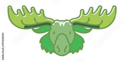 Stylized green moose head illustration with large antlers in a whimsical flat cartoon design style