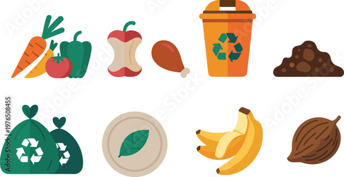 Organic waste recycling icons set, food scraps compost vegetables fruits eco disposal symbols, sustainable environment vector illustration isolated background