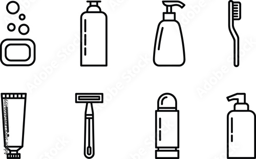Personal hygiene icons set, soap shampoo toothbrush razor deodorant lotion vector illustration, bathroom care products isolated outline design elements