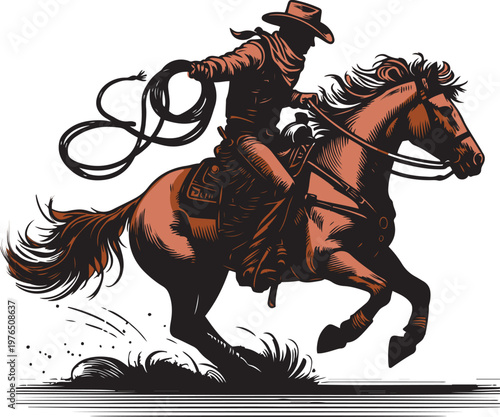 Cowboy riding a horse while holding a lasso