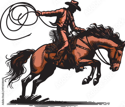 Cowboy riding a horse and swinging a lasso