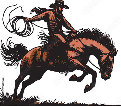 Cowboy riding a horse and swinging a lasso