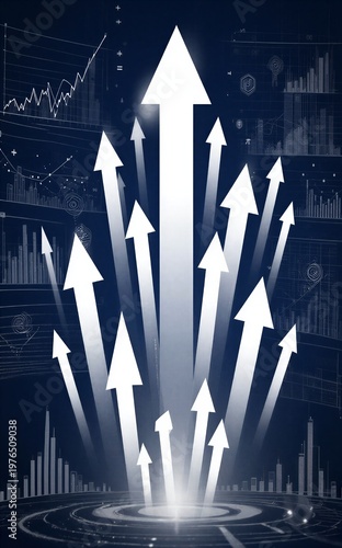 Arrows surge upward through data-driven cityscape symbolizing growth