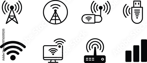 Wireless communication icons set, wifi signal technology symbols, internet connectivity, network devices, data transmission, minimal outline vector, digital connection illustration collection