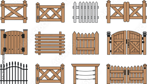 Wooden fence and gate icons set, garden barrier collection, rustic farm enclosure vector illustration isolated outdoor design elements
