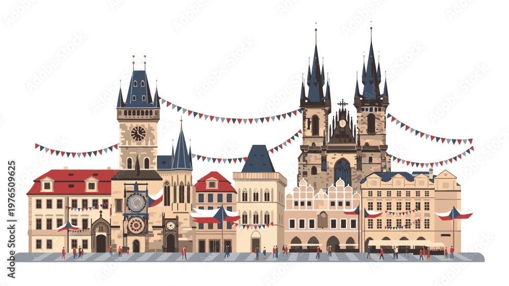 Fototapeta premium Illustration of a European city skyline with historic buildings, towers, and festive string lights against a white background.