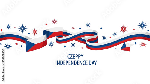 Graphic design of a red, white, and blue ribbon with snowflakes and text reading 'CZEPPY INDEPENDENCE DAY' on a white background, with a festive and patriotic mood.