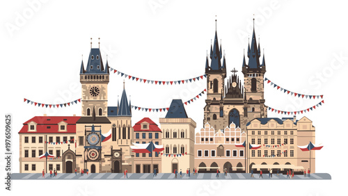 Illustration of a European city skyline with historic buildings, towers, and festive string lights against a white background.