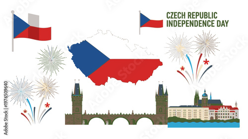 Illustration of Czech Republic Independence Day with fireworks, flag, and iconic landmarks on white background.