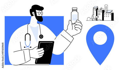 Healthcare access, vaccination campaigns, telemedicine, urban health, immunization outreach, modern technology. Doctor holding a vial and tablet with location and city elements. Healthcare access