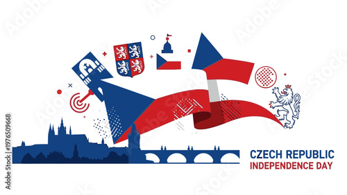 Graphic illustration of the Czech Republic Independence Day celebration with patriotic symbols and cityscape.