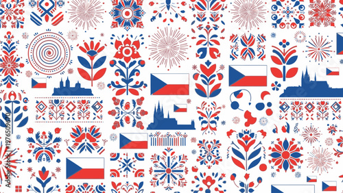 Vibrant seamless pattern featuring red, white, and blue icons, shapes, and floral motifs on a clean white background with a patriotic color scheme.