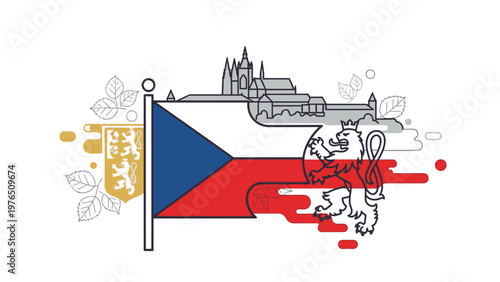 Illustration of the Czech Republic flag with a map and castle in a stylized design on a white background.