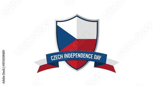 Graphic design of a shield with the Czech flag and a banner reading 'CZECH INDEPENDENCE DAY' on a white background.