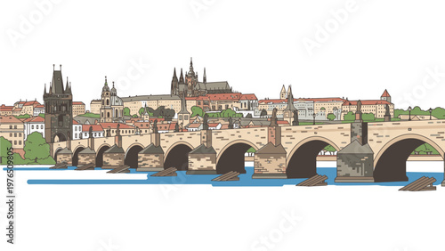 Panoramic view of Charles Bridge and Prague cityscape with historic buildings along Vltava River in a daytime setting with clear sky.