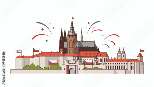 Illustration of Prague Castle with fireworks on a white background, featuring a large castle complex with red roofs and spires.