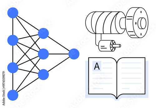 Artificial intelligence, neural networks, education, engineering, machine learning, technology. Network diagram, machine part and open book. Artificial intelligence and engineering