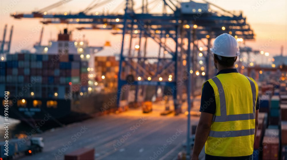 Fototapeta premium Port worker in safety vest and hard hat overlooking a busy container terminal with large ship and cranes at dusk