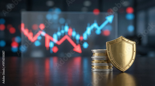 Wallpaper Mural Financial security and investment protection concept with a golden shield, stacked coins, and a fluctuating stock market graph in the background Torontodigital.ca