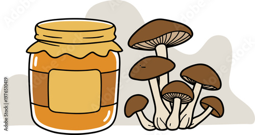 Hand drawn jar of honey and mushrooms on a light background, colorful and playful illustration, perfect for food themes and nature enthusiasts on a transparent background