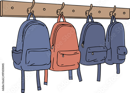 Four colorful backpacks hanging on a wooden wall hook in a hand drawn style, isolated on a transparent background, showcasing vibrant colors and casual design.
