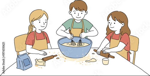 Three children happily baking together in a kitchen, mixing ingredients in a blue bowl and rolling dough, isolated on a transparent background.