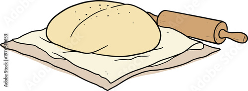 Dough ball and rolling pin on a clean cloth prepared for baking in a bright kitchen setting on a transparent background