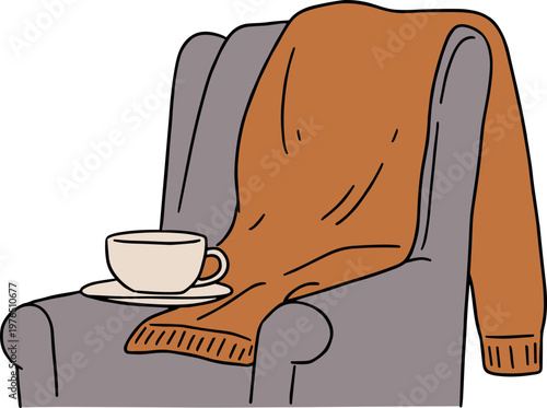 Cozy armchair with an orange knitted blanket and a beige cup on a white plate, perfect for a relaxing day at home on a transparent background.