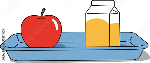 Red apple and carton of orange juice on a blue tray in hand drawn style, illustration on a transparent background with vibrant colors and playful details.